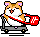 Pixel art of a hamster-like character in two poses holding a red bag with white symbols, seated on a gray platform.