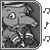 A grayscale cartoon character with a long nose and hat, wearing striped sleeves, appears in four positions with varying blue musical note icons on the right side