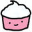 Pixelated pink cupcake with white frosting and a black outline, featuring a smiling face with two square eyes and a curved mouth.