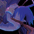 Pixelated static image of a blue-haired character with purple accents in a dynamic pose against dark background