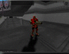 A red-armored figure stands on a gray platform holding a weapon, with a blue light appearing and changing position in the background.