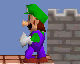 Animated sequence of a green-hatted character in purple overalls walking left to right across a brick platform with a stone wall background.