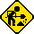 Yellow diamond-shaped warning signs with black silhouettes of a person digging, each showing sequential motion frames.