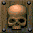 Pixelated skull icon with brown metal plate background, four bolts at corners, and a single skull in center.