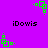 Pixelated green and black icon with 'iDowis' text on purple background, showing multiple animated states of a small square figure.