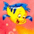 Yellow cartoon fish with blue fins and tail, white eyes with black pupils, open mouth showing brown interior, on pink and orange gradient background.