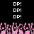 Pixelated image with repeated 'DP!' text above pink pixelated hands on black background.