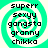 Four identical pixelated icons with a green and white spiral background, each displaying stacked text: "superr", "sexyy", "gangsta", "granny", "chikka".