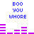 Blue pixelated text 'BOO YOU WHORE' appears above two of purple audio waveforms on a white background