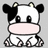 Pixelated cow icon with black-and-white patches, pink nose, and small horns on gray background; cyan text reads "Cow says: you suck hahahaha =]".