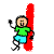 Pixelated cartoon character in green shirt and blue shorts interacts with large red checkmark in four sequential poses.