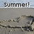 Pixelated image with 'Summer!' text above a grayscale beach scene featuring sand, water, and abstract shapes.