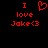 Red pixelated text and symbols on black background: 'I' above a heart, then 'love', then 'Jake<3'.