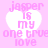 Pixelated pink text on a light pink background reads "jasper is my one true love" inside a white heart shape, repeated four times in a