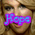 four pixelated images showing a person with light brown hair, each with overlaid text in blue and purple colors