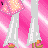 Pixel art contact sheet of a female character in various poses and expressions with text overlays on pink background