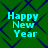 Green background with blue diamond pattern and cyan 'Happy New Year' text in four quadrants