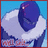 Pixelated character with purple hair and white fur collar bowing forward against blue background with red text below.