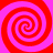 Four red and pink spiral patterns arranged in a symmetrical on a solid pink background