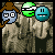 Pixelated cartoon character with brown hat and pipe, blue face, green striped circle, and teal pause icon on textured background.