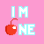Pixelated pink background with light blue text and a red cherry icon forming the phrase "I'M ONE HOT CUP CAKE" around a cupcake image.