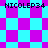 Pixelated image with cyan and magenta checkered patterns and repeated text 'NICOLEP34' in black pixel font.