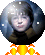 Pixelated circular icon with a child's face, dark clothing, and orange-yellow rocket-like base; white squares appear in different positions across frames.
