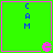 Four identical green square with pink borders, each containing vertical blue text "CAM" and a pink Pac-Man-like character at the bottom-right corner