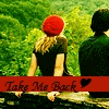 A static image shows two figures seated outdoors with a red banner reading "Take Me Back" and a black heart symbol.