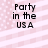 Four identical pixelated text display 'Party in the USA' over a pink and white striped background with scattered dots