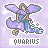 Pixelated angel figure with purple wings and blue dress holding a staff, set against light purple background with text below.