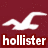 Maroon background with two white seagull silhouettes and a small red triangle icon above them, featuring the text 'hollister' in lowercase white letters.