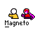 Pixel art buddy icon set with multiple variations of two figures, one white-headed and yellow-bodied, the other red-headed with pink accents, against a gray background.