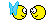 A 5x5 contact sheet of pixel art frames showing two yellow circular characters with blue hair interacting through various expressions and actions including hearts, kisses, and physical movements against a gray background.