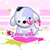 Pixelated cartoon dog with light blue and white fur, black spot on head, pink nose, and pink flower in mouth, sitting on pink platform with yellow splatter background.
