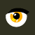 Pixelated eye icon with orange iris, black pupil, white sclera, and black eyelid against dark background.