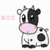 Pixelated cow icon with black and white spots, pink nose, brown horns, and "moo" text in light red on left side.