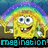 Pixelated yellow cartoon character with large eyes and a wide smile under a rainbow arc, standing above teal text on dark background.
