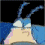 Animated sequence of a blue cartoon character's face with large white eyes and antennae, showing subtle eye movement against black background.