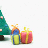 Pixelated green Christmas tree with brown trunk, two wrapped gifts in yellow and pink ribbons on white background.