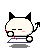 Pixelated cartoon cat with black ears and tail, closed eyes, pink cheeks, red mark on left cheek, sitting at desk with book.