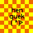 Yellow and orange checkered background with four identical text blocks reading 'hen quek (*^)' in black pixelated font, two of which have a subtle radial blur effect.