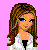 Pixelated cartoon-style contact sheet showing three frames of an animated buddy icon with a female character, white outfit, and pink background text about friendship.