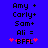 Blue background with black pixelated text listing names and symbols, including red pixelated stars and 'BFL' text.