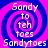 A static digital image with a blue and pink spiral background, displaying text elements including "Sandy to teh toes" and "Sandytoes" in white pixelated font.