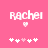 Pixelated pink background with white text 'Rachel' and a small heart below it, surrounded by five pixelated symbols including two hearts.