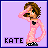 Pixelated character in pink outfit with black heart, brown hair, green eyes, hand on forehead, standing on purple background with 'KATE' text.