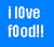 Static pixel art icon with blue background and white text reading "i love food!!" in two lines.