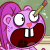 Pixelated cartoon character with purple body, pink hair, large white eyes, red nose, and wide open mouth showing two teeth, holding a yellow pencil-like object against a green background.