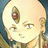 Pixelated anime-style character with one eye closed, red eye detail, and light skin tone against a blue background.